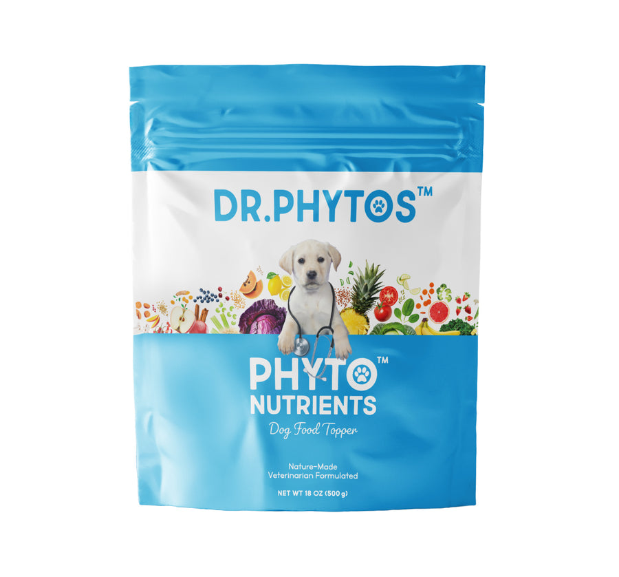 An 18 oz stand-up pouch of Dr. Phytos Phyto Nutrients Dog Food Toppers, featuring a blue and white design with a puppy and colorful fruits and vegetables.
